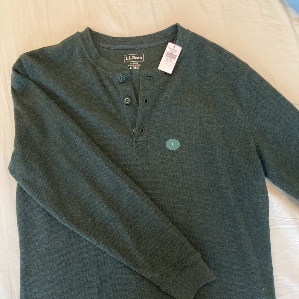 Men's Unshrinkable Mini-Waffle Henley, Long-Sleeve Slim Fit, size LARGE in green